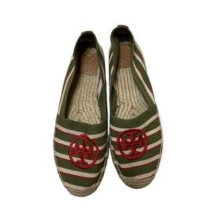 Tory Burch A-Line Reva Logo Espadrille Red/Green/White Striped Women's Size 9